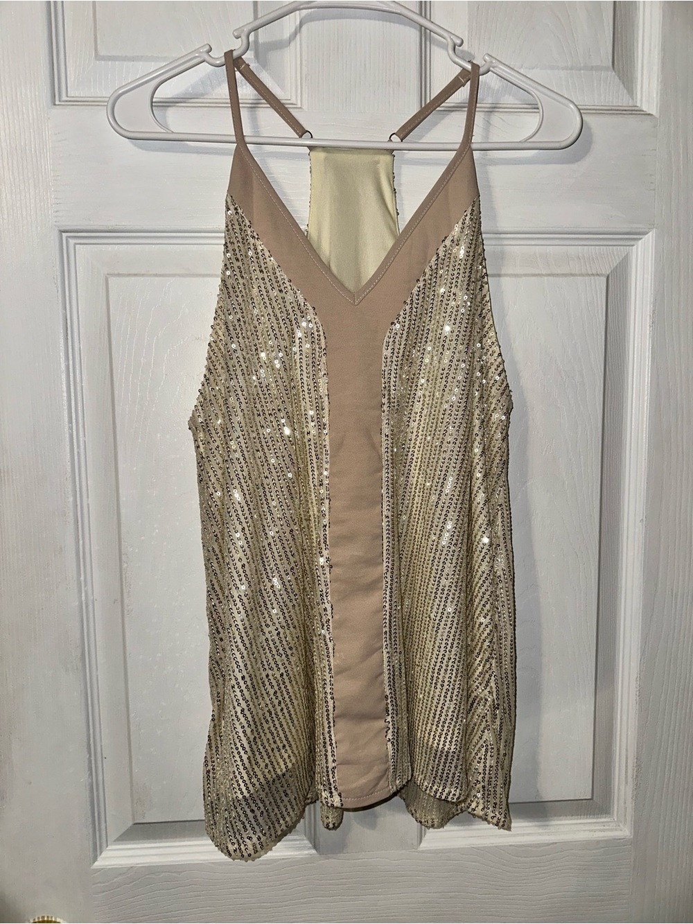 Beaded Champagne Sequin Cami with V-Neck